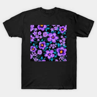 Floral Pattern with Flat Purple Flowers and Leaves T-Shirt